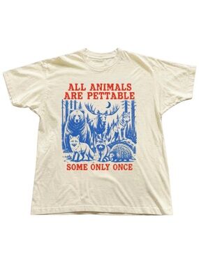 Gildan All Animals Are Pettable Graphic Tee - Cream with Blue & Red Print
